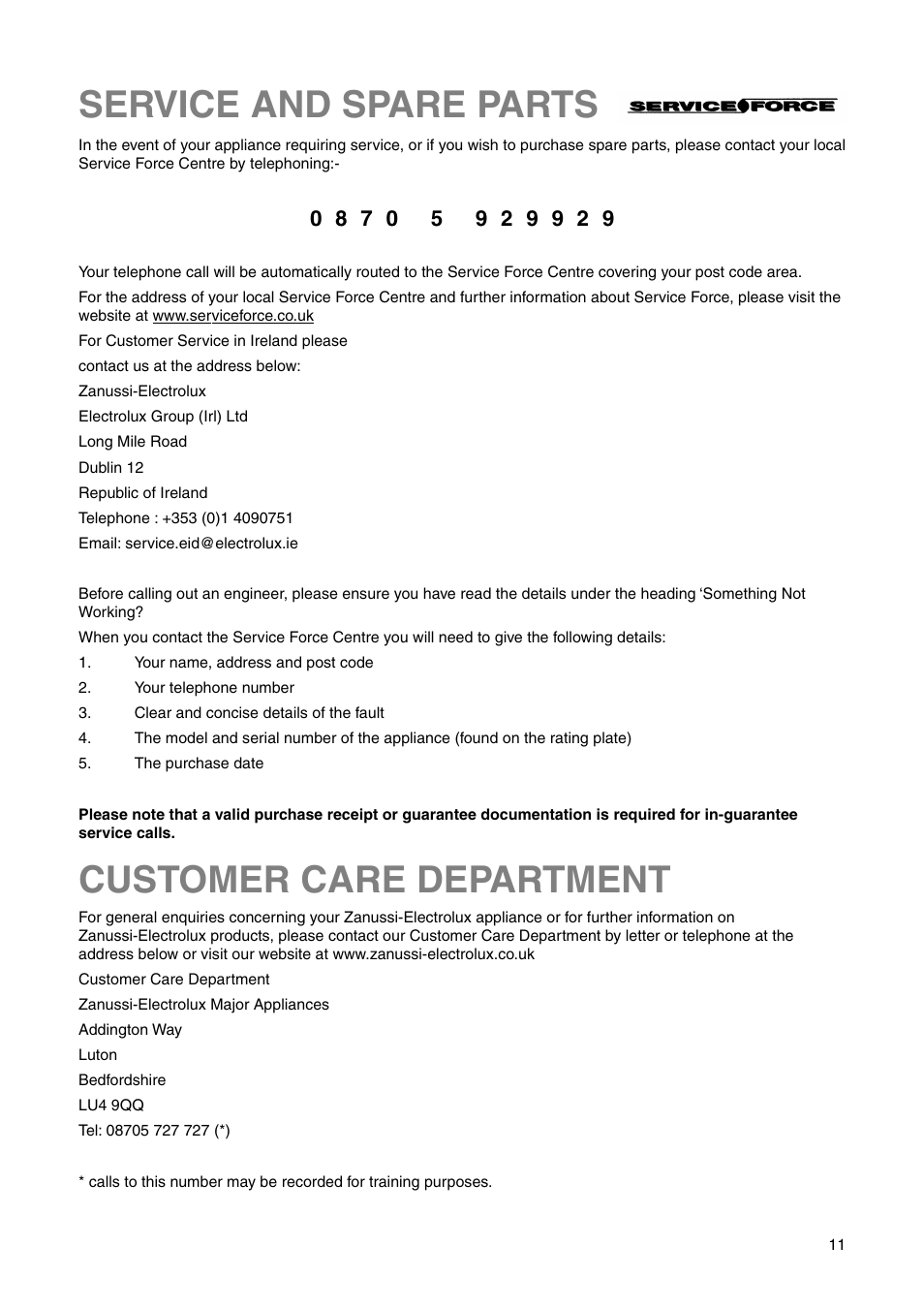 Service and spare parts customer care department | Zanussi ZRN 7626 User Manual | Page 11 / 20