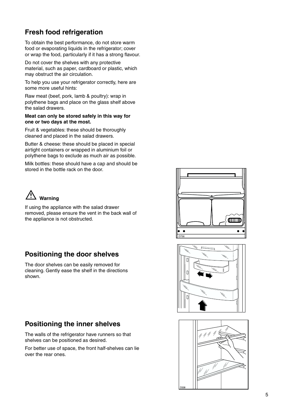 Positioning the door shelves, Fresh food refrigeration, Positioning the inner shelves | Zanussi ZRN 7626 User Manual | Page 5 / 20