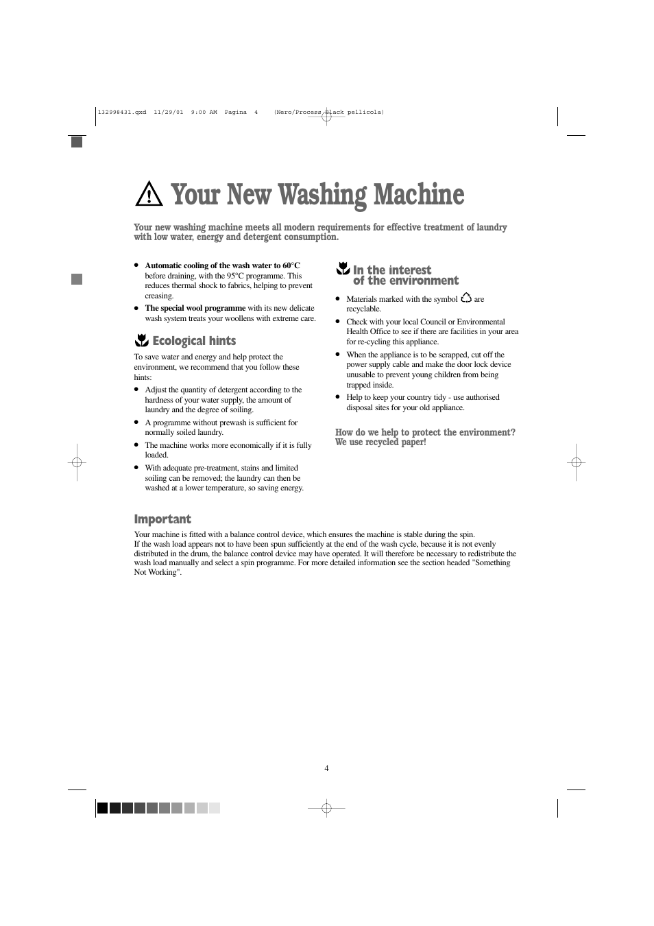 Your new washing machine, Ecological hints, Important | Zanussi FLA 1001 W User Manual | Page 4 / 28