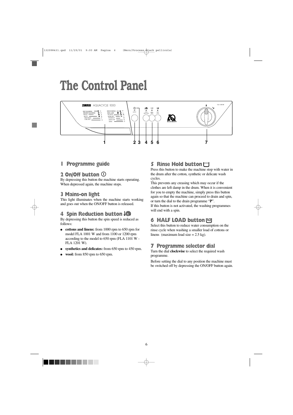 The control panel, 1 programme guide 2 on/off button, 3 mains-on light | 4 spin reduction button, 5 rinse hold button, 6 half load button, 7 programme selector dial | Zanussi FLA 1001 W User Manual | Page 6 / 28