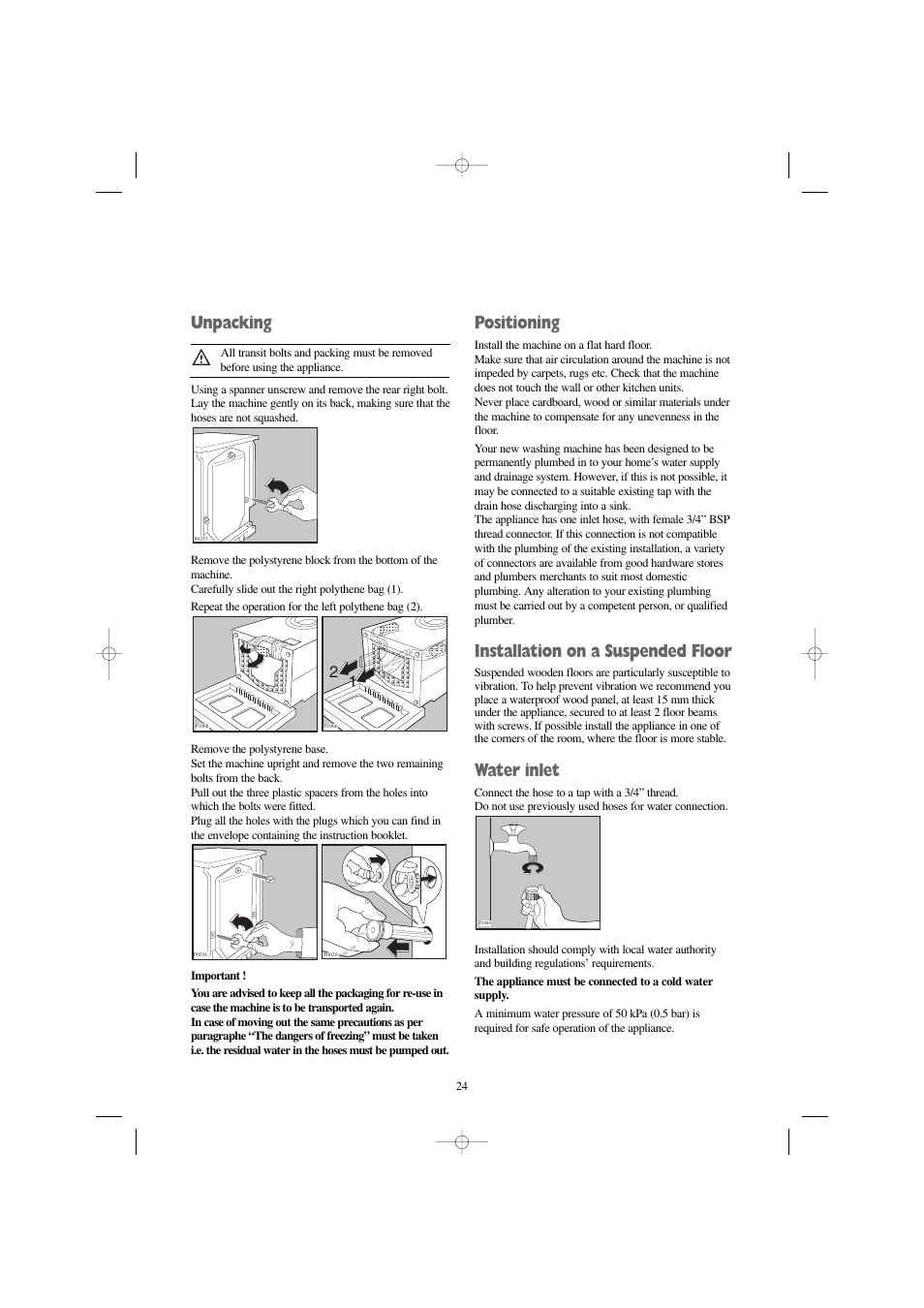Unpacking, Positioning, Installation on a suspended floor | Water inlet | Zanussi FX 1165 W User Manual | Page 24 / 28