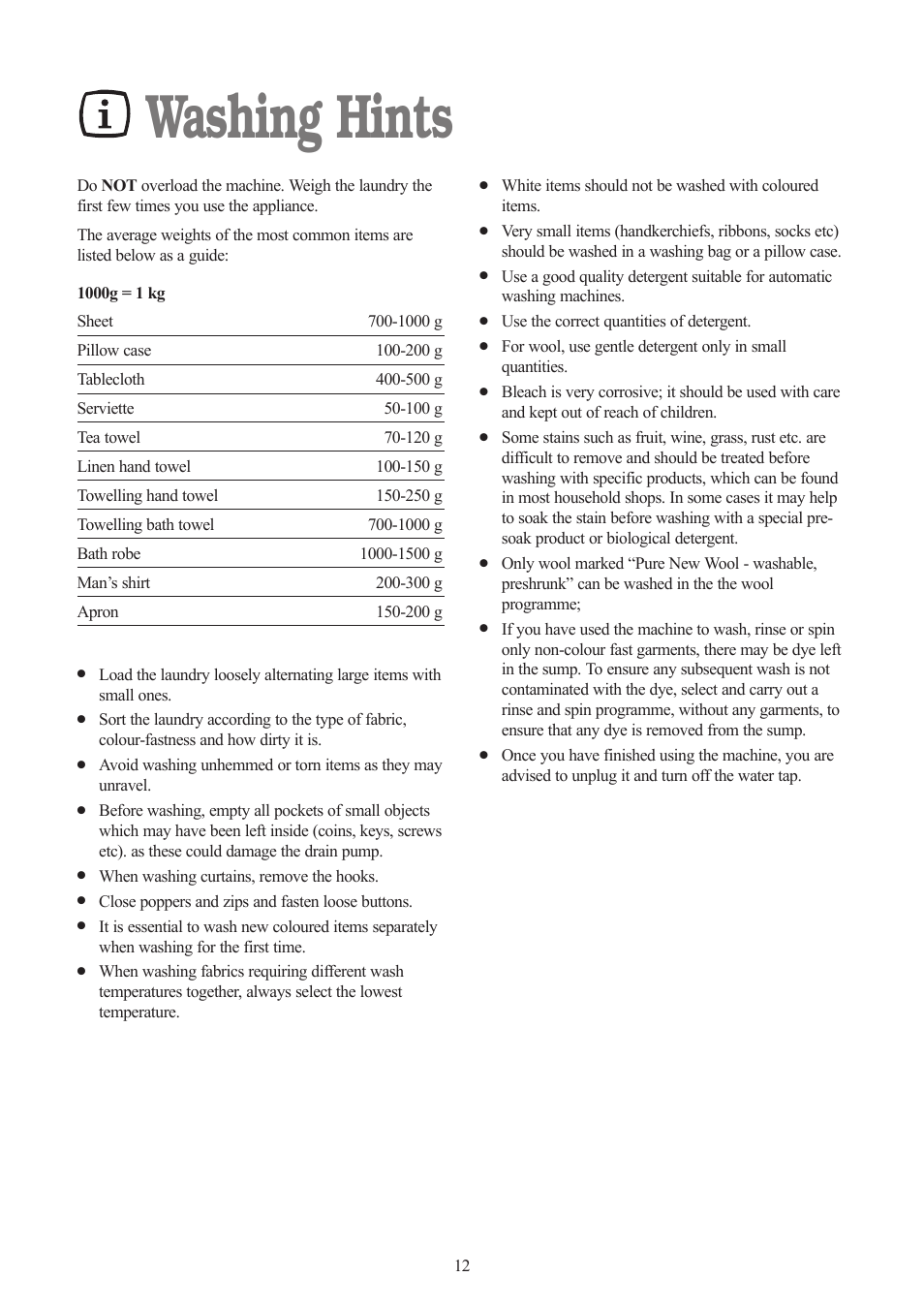 Washing hints | Zanussi ZWF 1432 S User Manual | Page 12 / 26