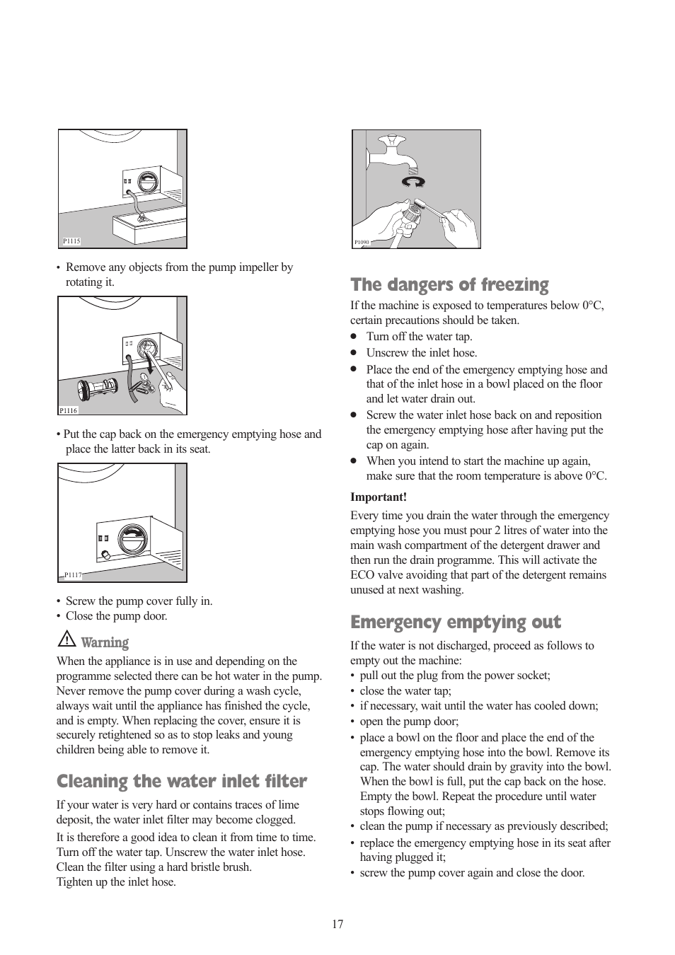 Cleaning the water inlet filter, The dangers of freezing, Emergency emptying out | Warning | Zanussi ZWF 1432 S User Manual | Page 17 / 26