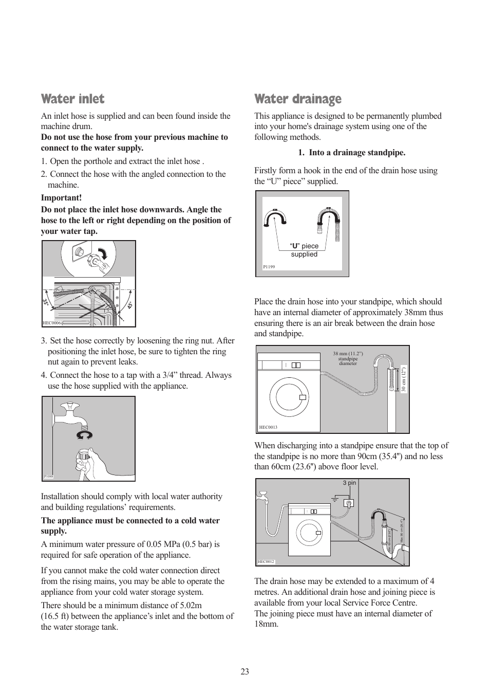 Water inlet, Water drainage | Zanussi ZWF 1432 S User Manual | Page 23 / 26