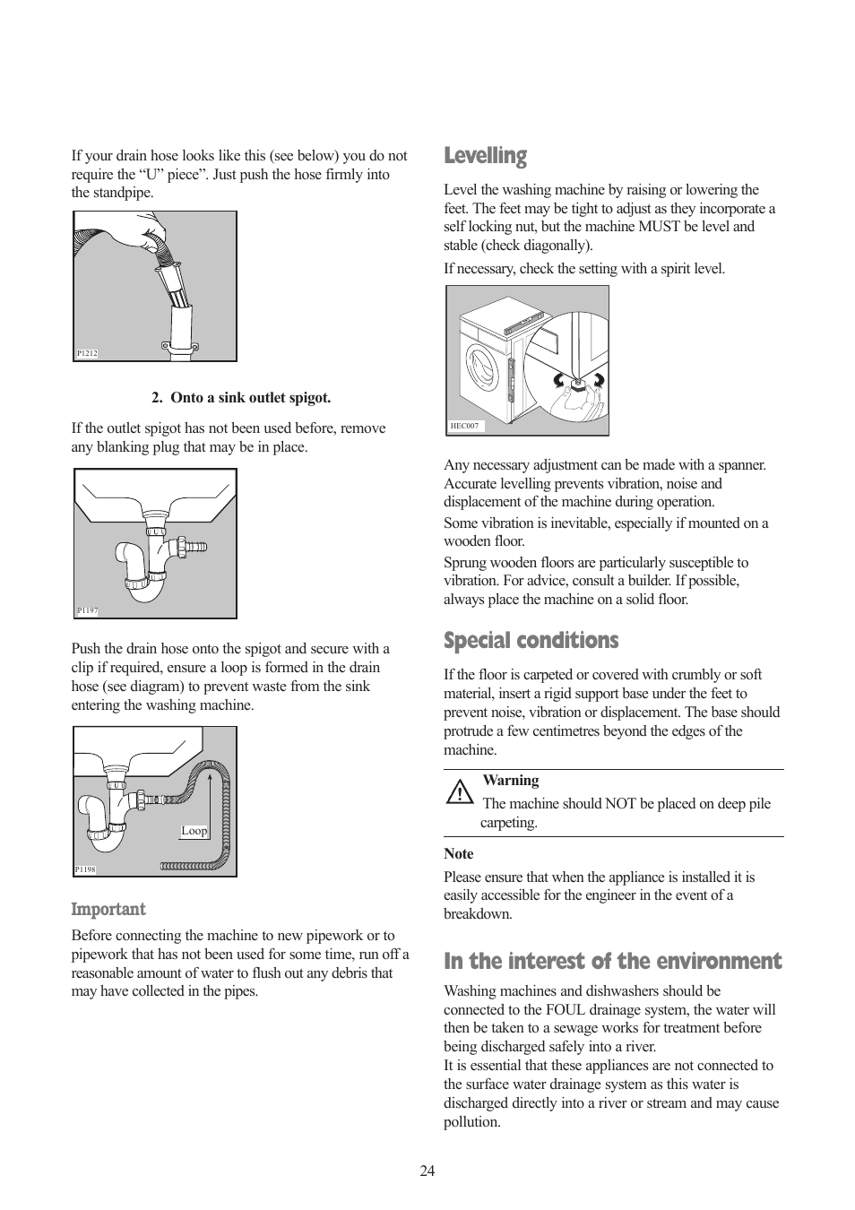 Levelling, Special conditions | Zanussi ZWF 1432 S User Manual | Page 24 / 26