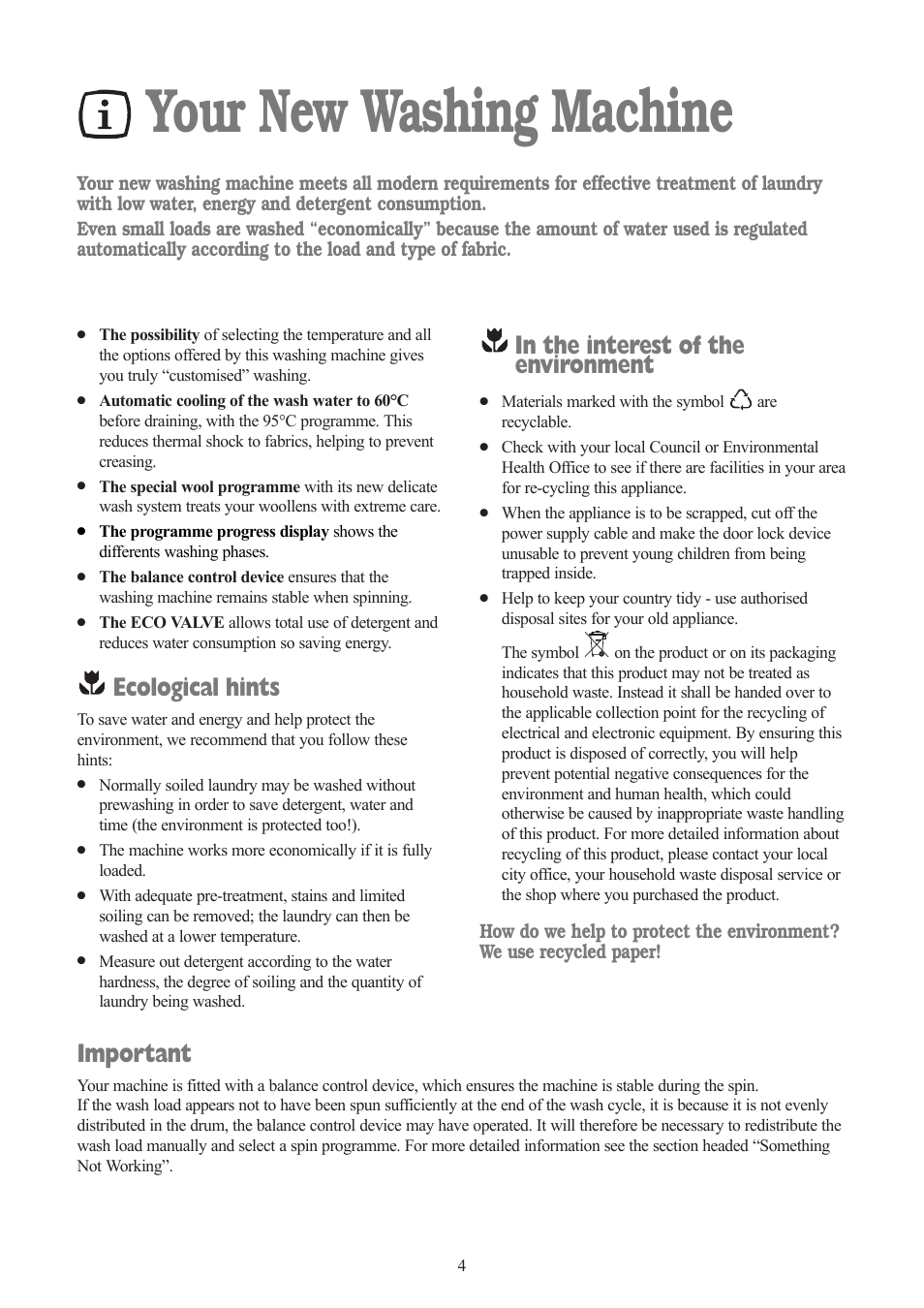 Your new washing machine, Ecological hints, Important | Zanussi ZWF 1432 S User Manual | Page 4 / 26