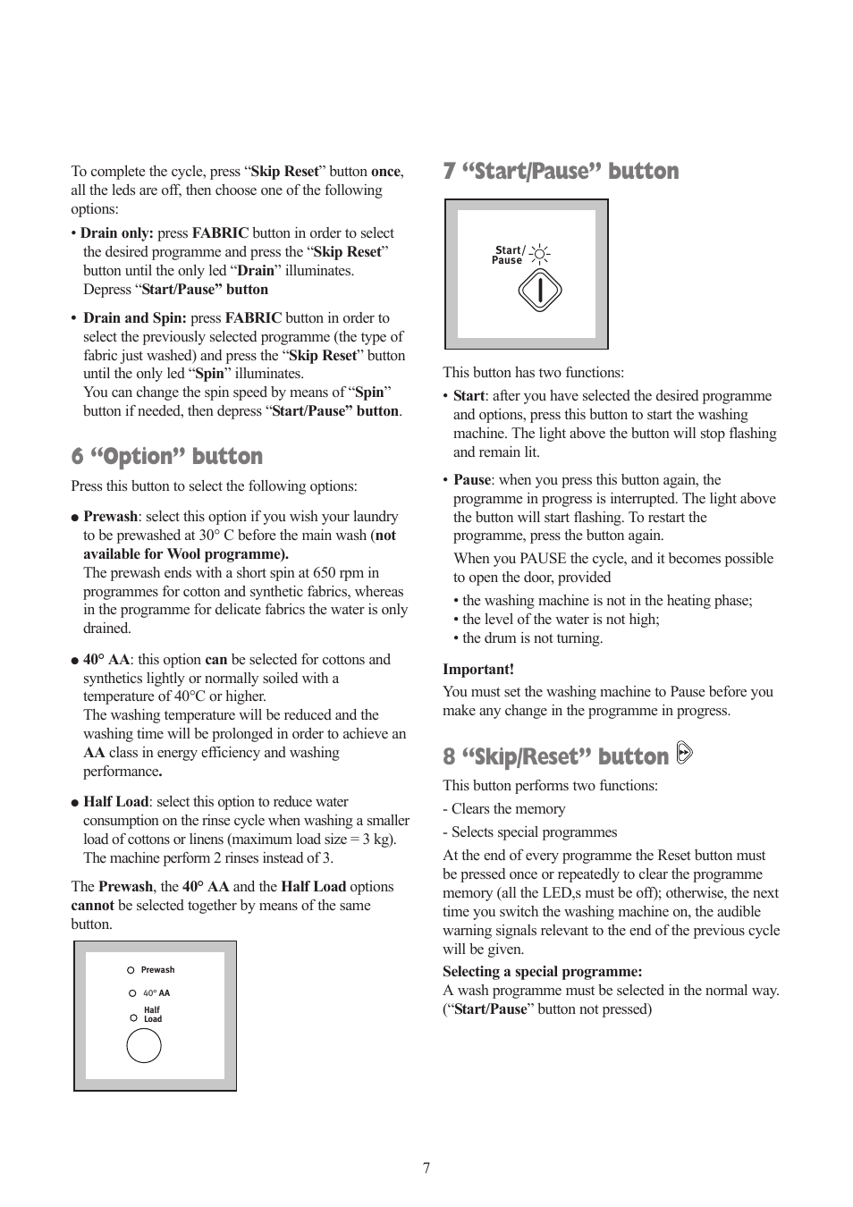 6 “option” button, 7 “start/pause” button, 8 “skip/reset” button | Zanussi ZWF 1432 S User Manual | Page 7 / 26
