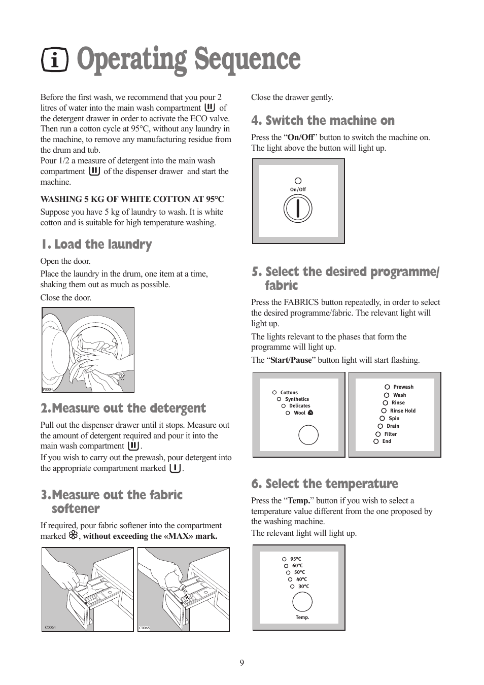 Operating sequence, Load the laundry, Measure out the detergent | Measure out the fabric softener, Switch the machine on, Select the desired programme/ fabric, Select the temperature | Zanussi ZWF 1432 S User Manual | Page 9 / 26