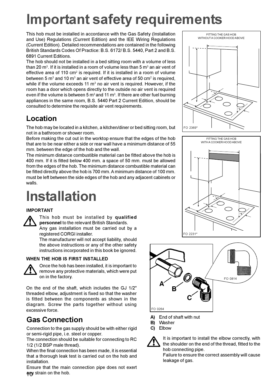 Important safety requirements, Installation, Location | Gas connection | Zanussi ZGF982C User Manual | Page 10 / 16