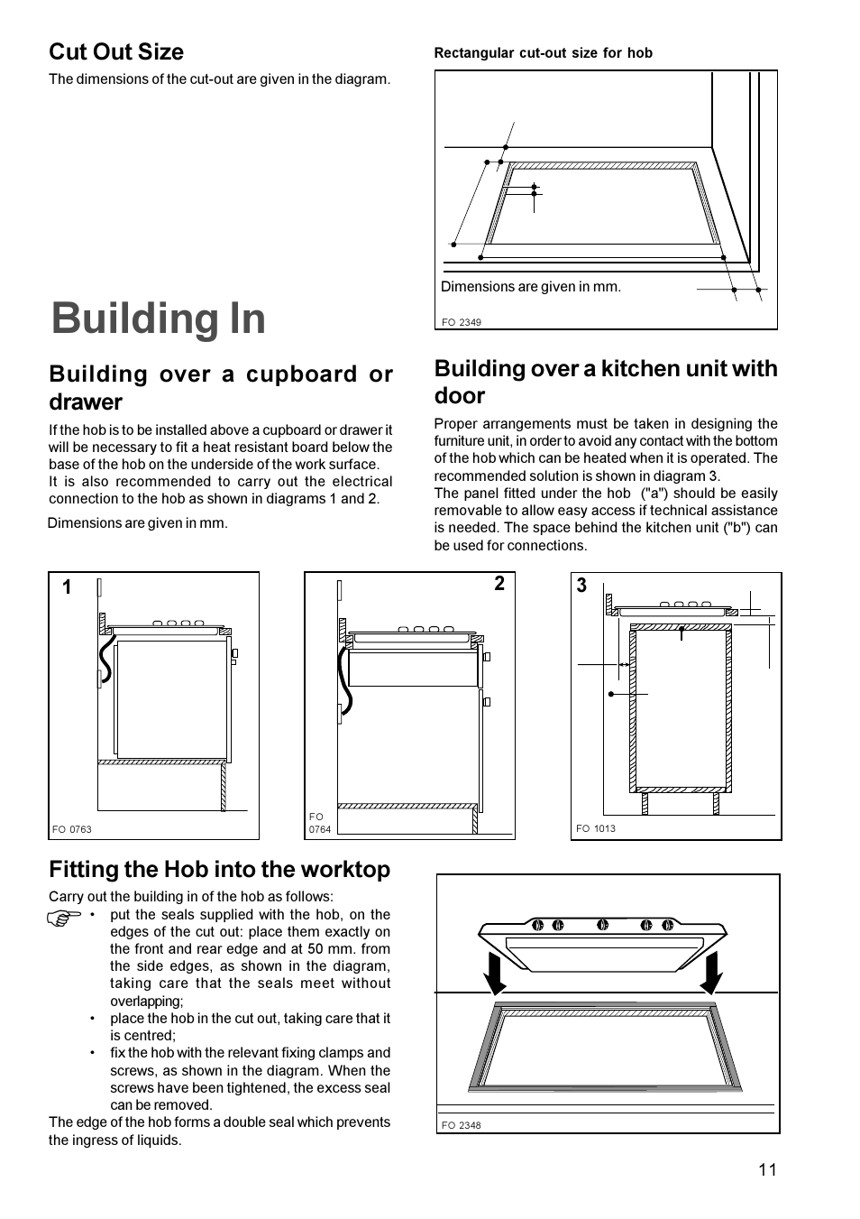 Building in, Building over a cupboard or drawer, Cut out size | Fitting the hob into the worktop, Building over a kitchen unit with door | Zanussi ZGF982C User Manual | Page 11 / 16