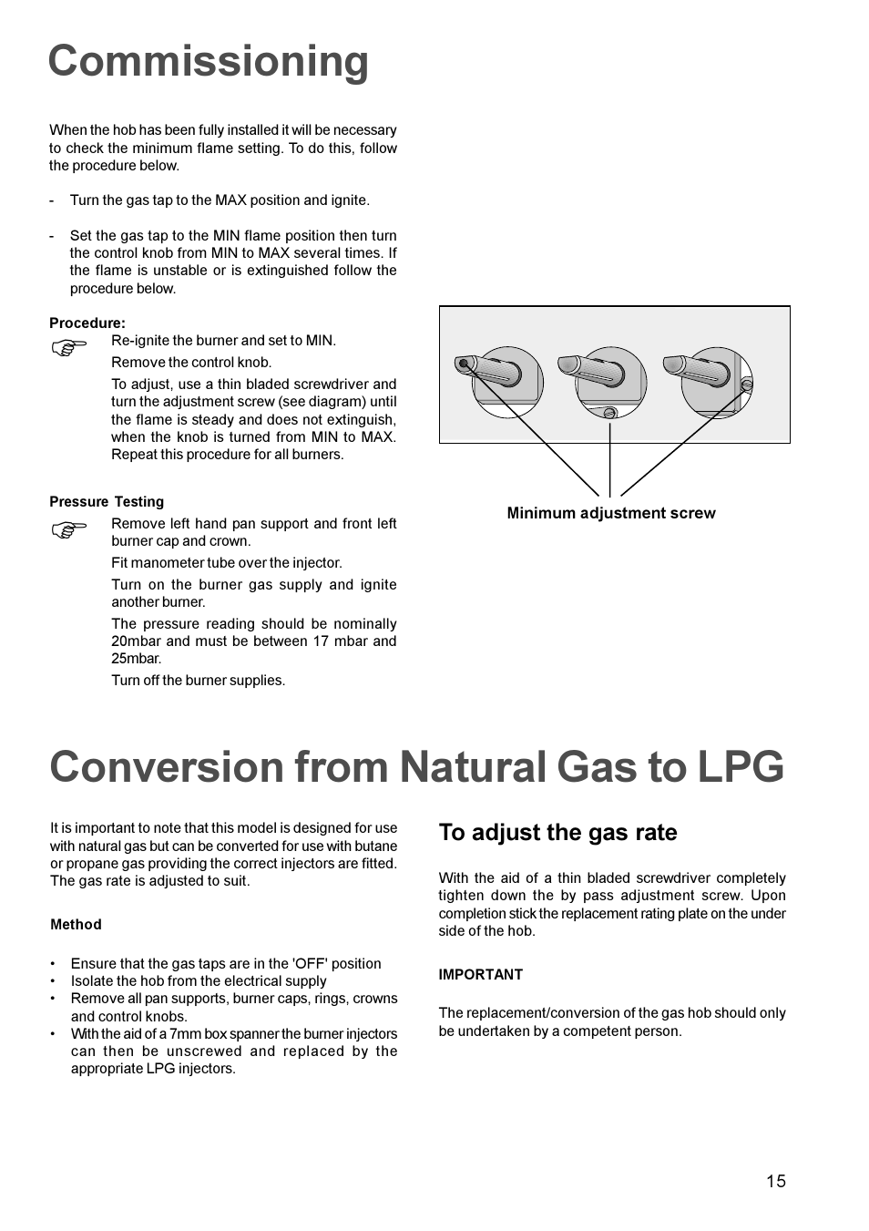 Commissioning, Conversion from natural gas to lpg | Zanussi ZGF982C User Manual | Page 15 / 16