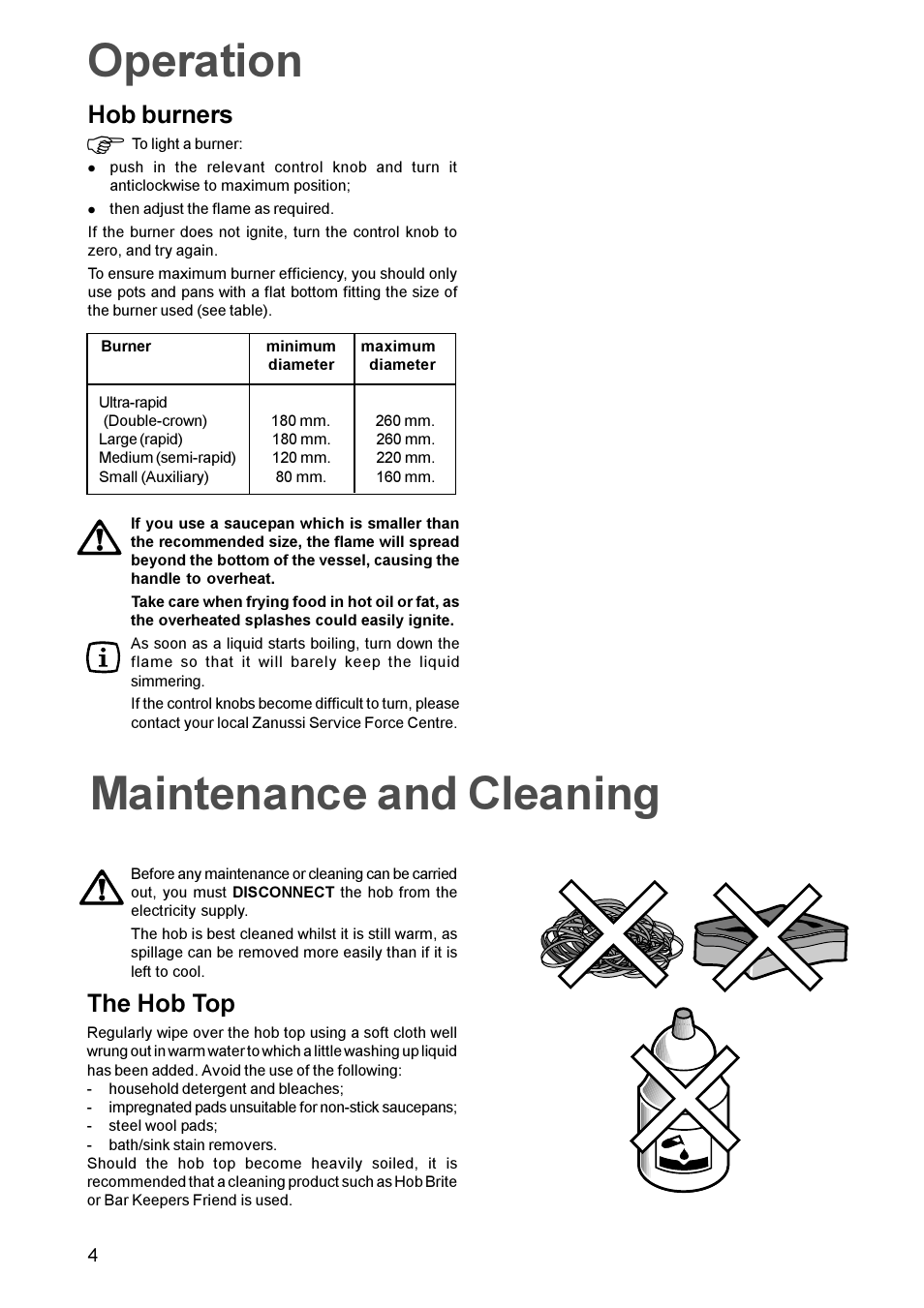 Maintenance and cleaning operation, Hob burners, The hob top | Zanussi ZGF982C User Manual | Page 4 / 16