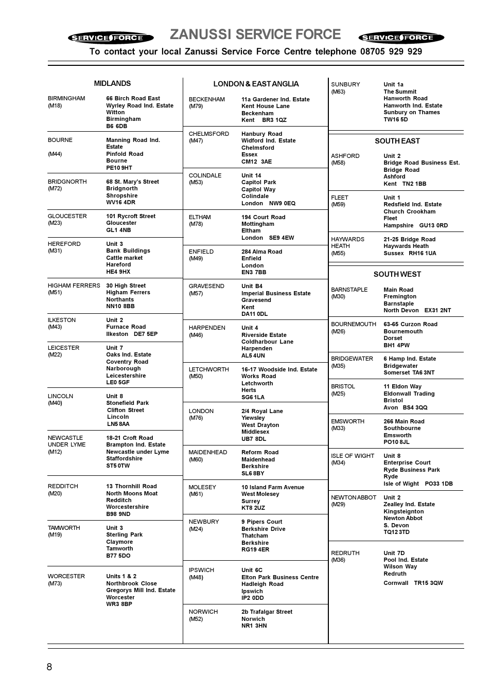 Zanussi service force | Zanussi ZGF982C User Manual | Page 8 / 16