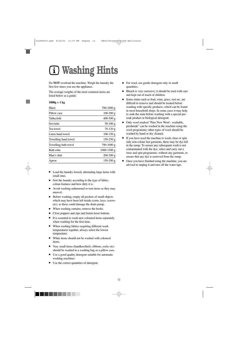 Washing hints | Zanussi FLA 1002 W User Manual | Page 11 / 28