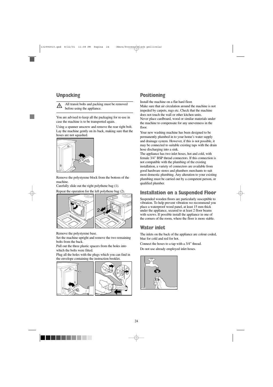 Unpacking, Positioning, Installation on a suspended floor | Water inlet | Zanussi FLA 1002 W User Manual | Page 24 / 28