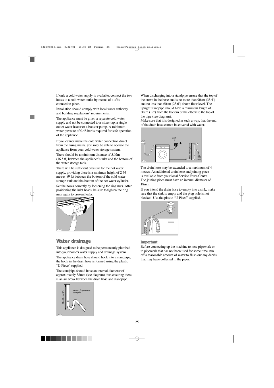 Water drainage, Important | Zanussi FLA 1002 W User Manual | Page 25 / 28