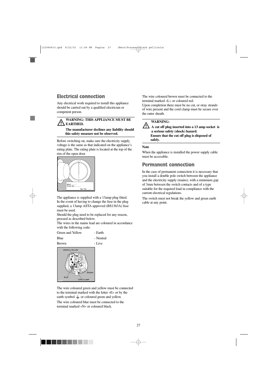 Electrical connection, Permanent connection, Mod. .......... prod. no. ........... ser. no | Zanussi FLA 1002 W User Manual | Page 27 / 28