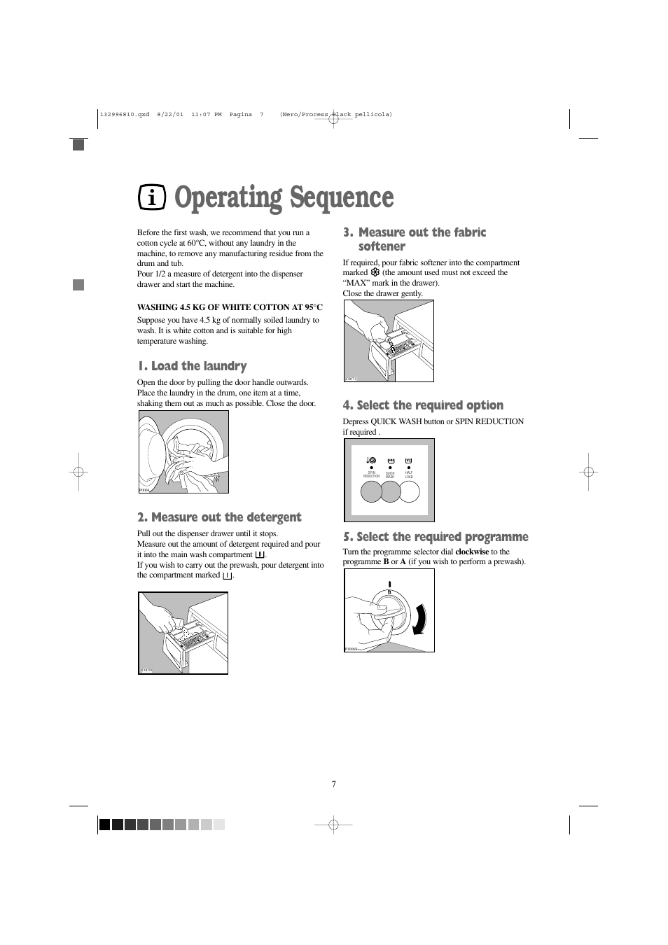 Operating sequence, Load the laundry, Measure out the detergent | Measure out the fabric softener, Select the required option, Select the required programme | Zanussi FLA 1002 W User Manual | Page 7 / 28
