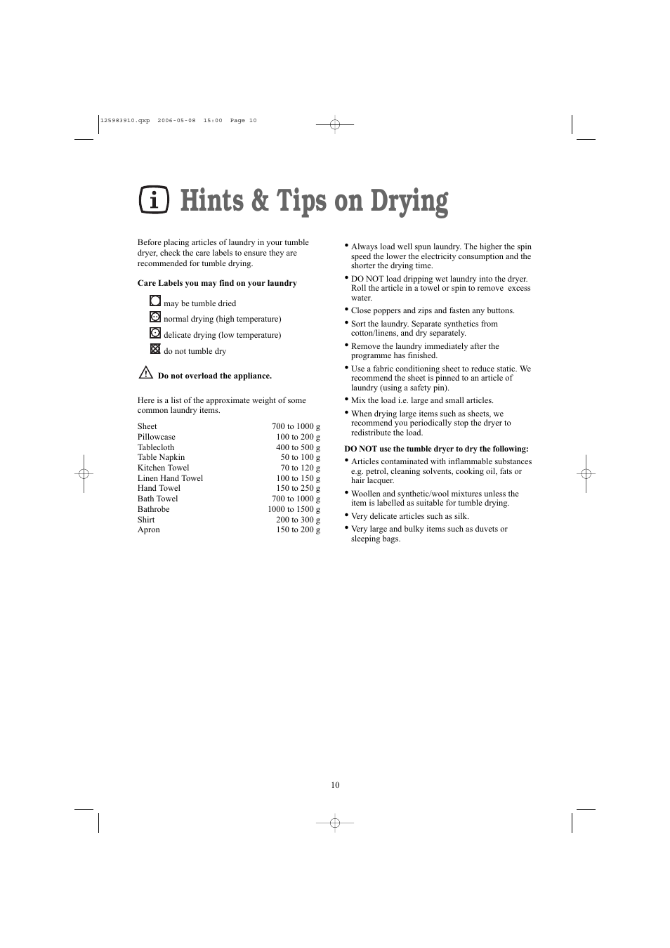 Hints & tips on drying | Zanussi ZDB 5377 W User Manual | Page 10 / 19