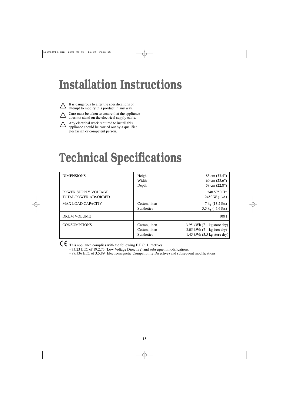 Technical specifications, Installation instructions | Zanussi ZDB 5377 W User Manual | Page 15 / 19