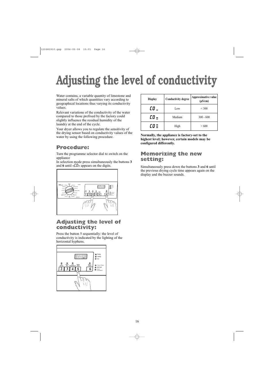 Adjusting the level of conductivity, Procedure, Cc 0 0 | Appears on the digits | Zanussi ZDB 5377 W User Manual | Page 16 / 19