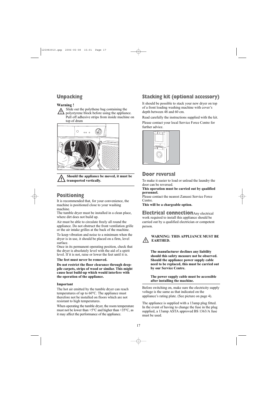 Stacking kit (optional accessory), Door reversal, Electrical connection | Unpacking, Positioning | Zanussi ZDB 5377 W User Manual | Page 17 / 19