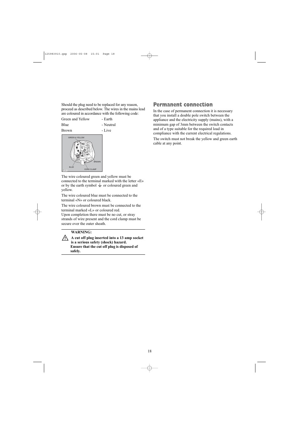Permanent connection | Zanussi ZDB 5377 W User Manual | Page 18 / 19