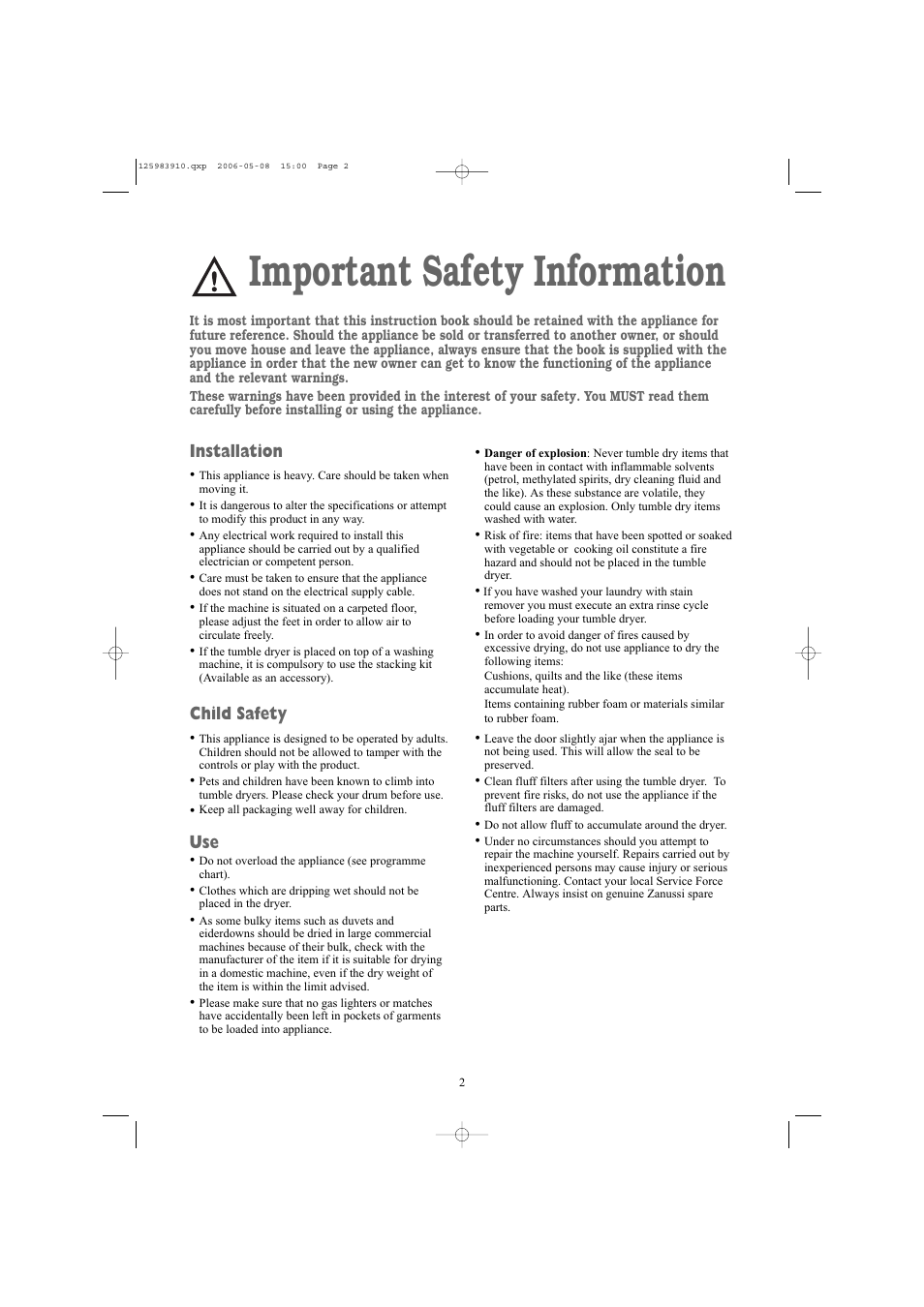 Important safety information, Installation, Child safety | Zanussi ZDB 5377 W User Manual | Page 2 / 19