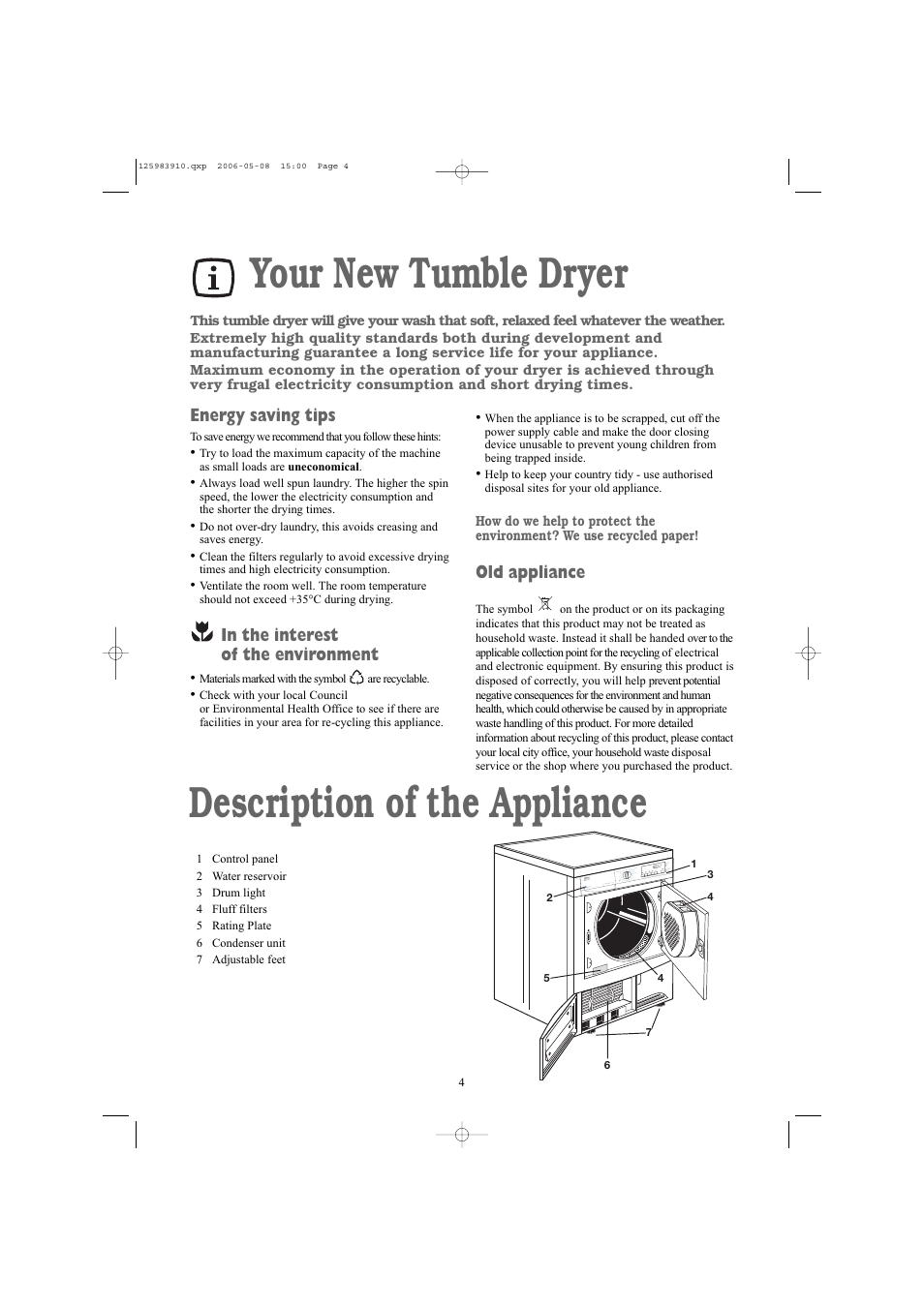 Description of the appliance, Your new tumble dryer, Old appliance | Energy saving tips | Zanussi ZDB 5377 W User Manual | Page 4 / 19