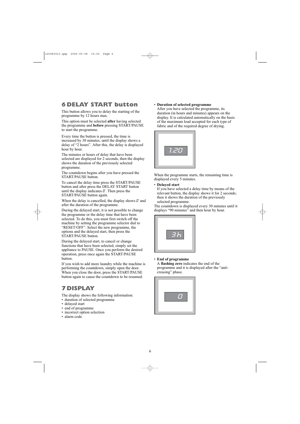 6 delay start button, 7 display | Zanussi ZDB 5377 W User Manual | Page 6 / 19