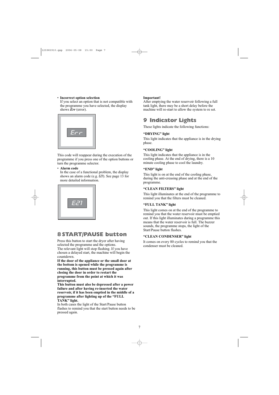 8 start/pause button, 9 indicator lights | Zanussi ZDB 5377 W User Manual | Page 7 / 19