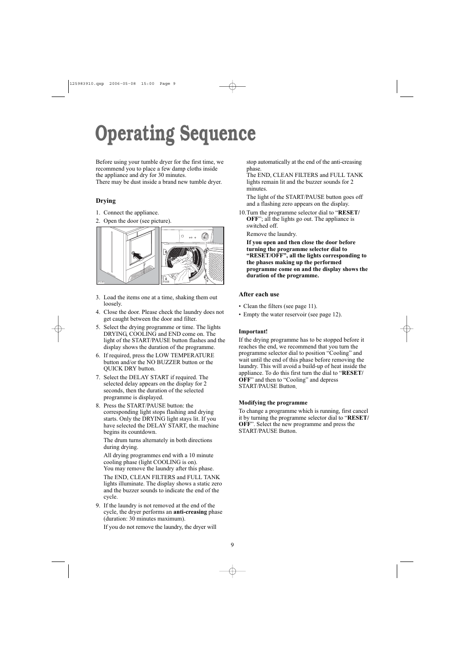 Operating sequence | Zanussi ZDB 5377 W User Manual | Page 9 / 19