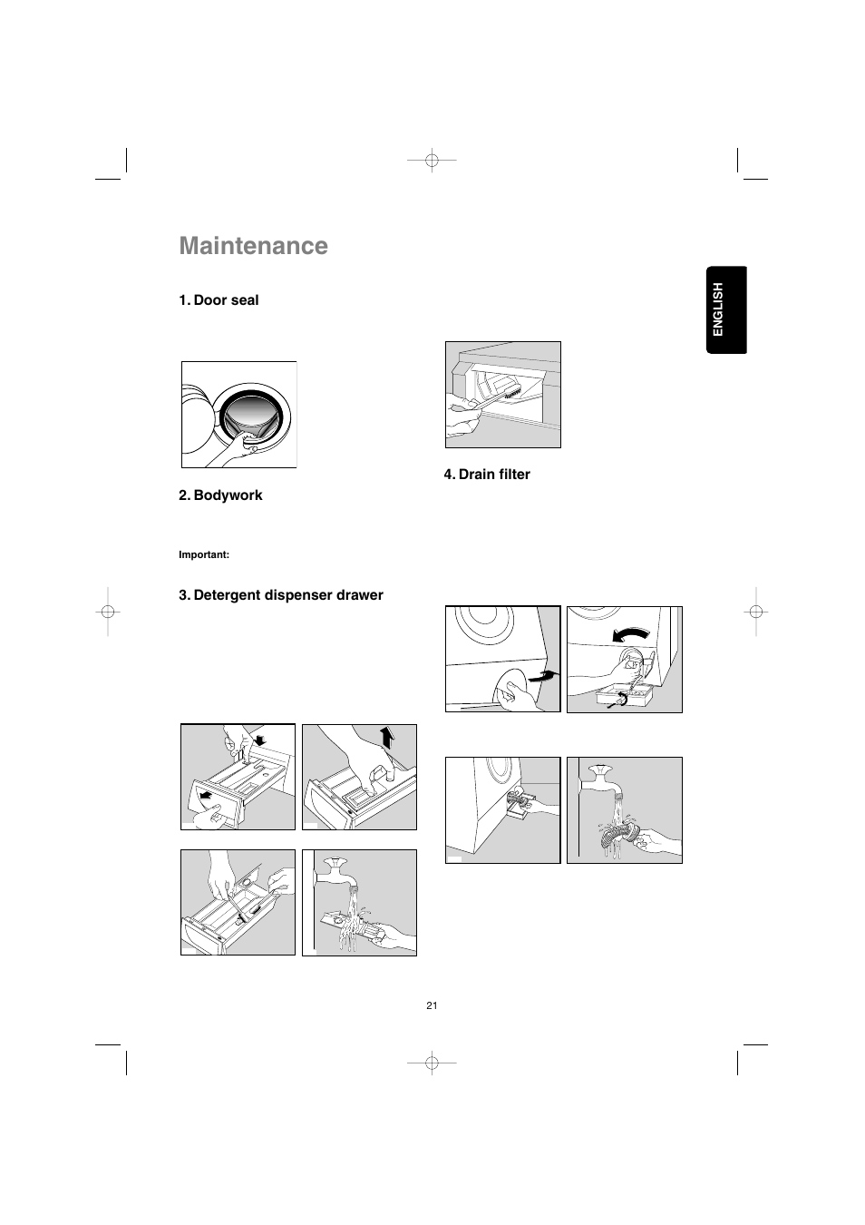 Maintenance, Door seal, Bodywork | Detergent dispenser drawer, Drain filter | Zanussi IZ10 User Manual | Page 21 / 24