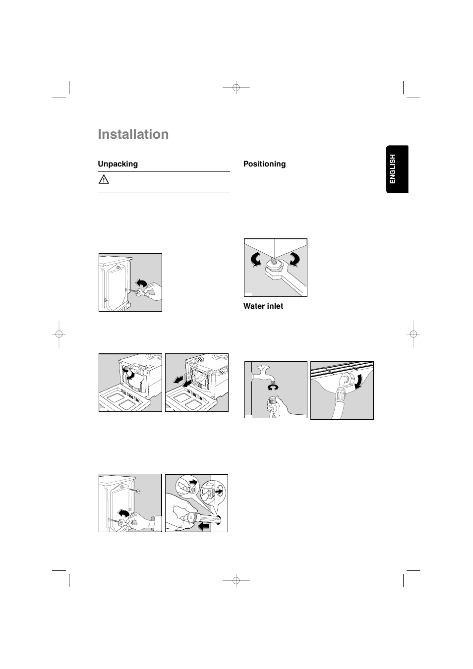 Installation, Unpacking, Positioning | Water inlet | Zanussi IZ10 User Manual | Page 7 / 24