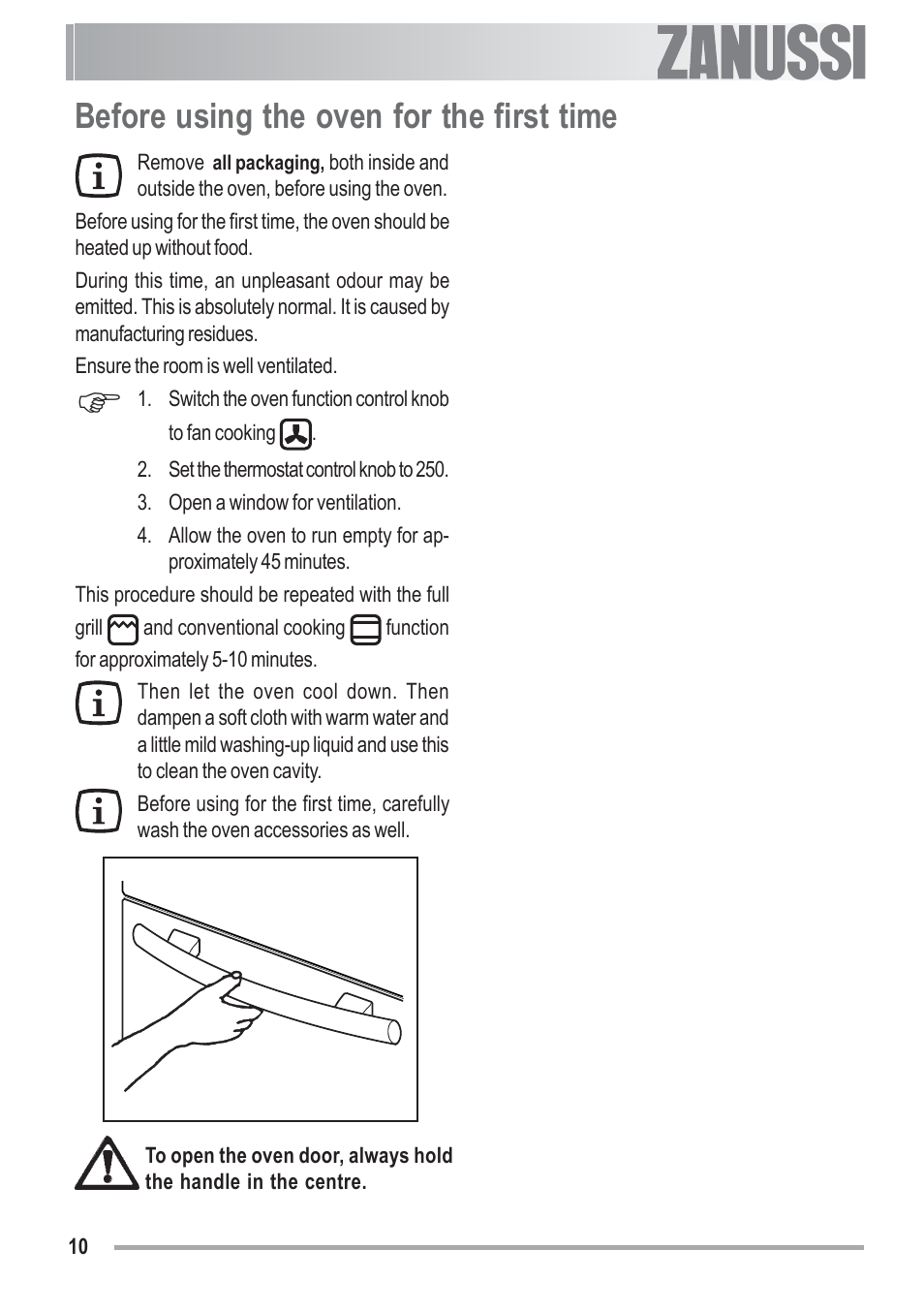 Before using the oven for the first time | Zanussi ZOU 481 User Manual | Page 10 / 32