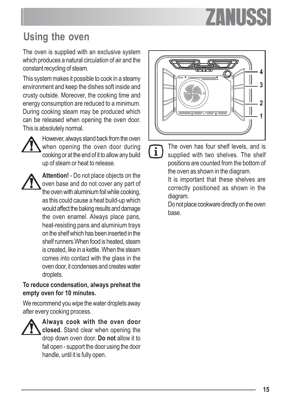 Using the oven | Zanussi ZOU 481 User Manual | Page 15 / 32