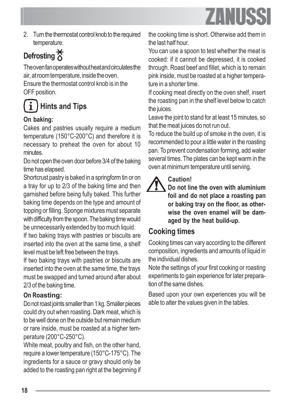 Defrosting, Hints and tips, Cooking times | Zanussi ZOU 481 User Manual | Page 18 / 32