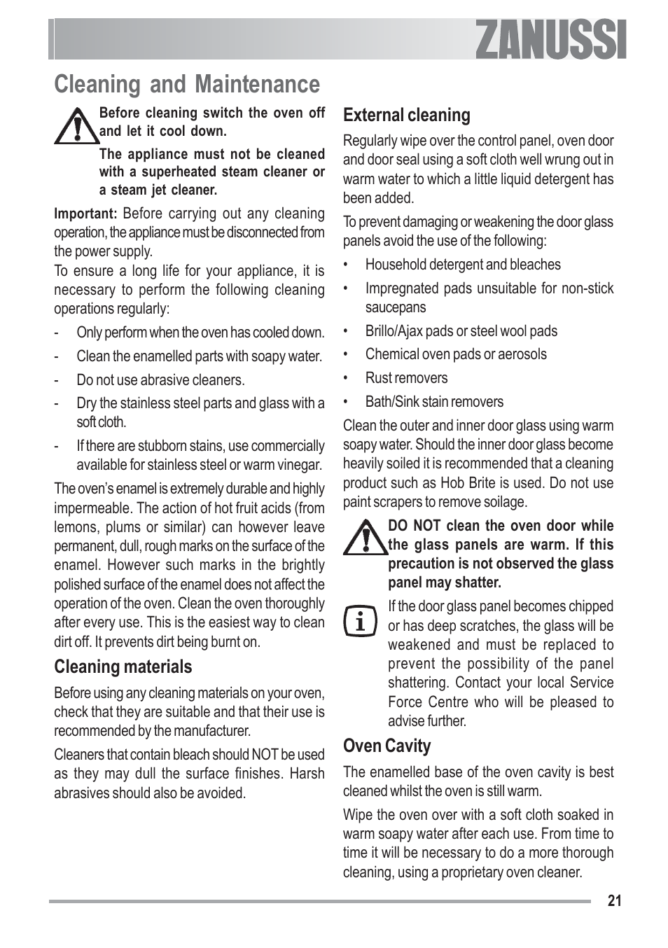 Cleaning and maintenance, Cleaning materials, External cleaning | Oven cavity | Zanussi ZOU 481 User Manual | Page 21 / 32