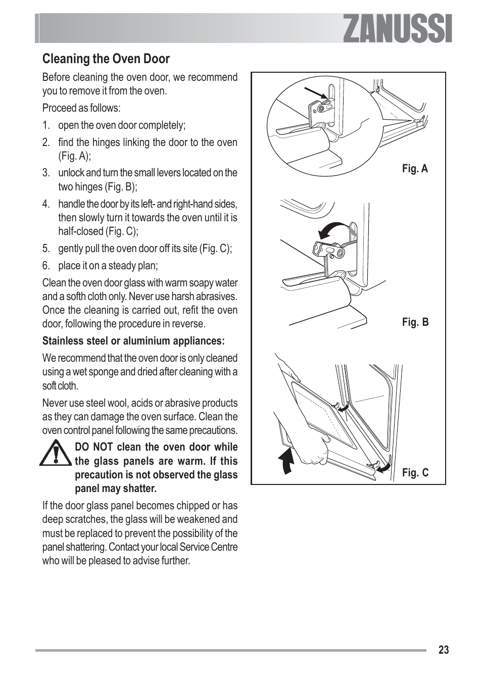 Cleaning the oven door | Zanussi ZOU 481 User Manual | Page 23 / 32