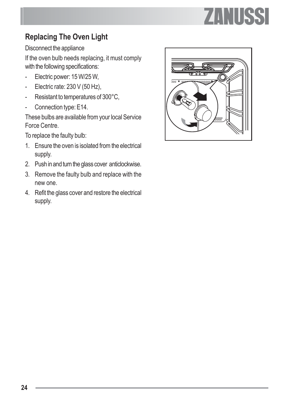 Replacing the oven light | Zanussi ZOU 481 User Manual | Page 24 / 32