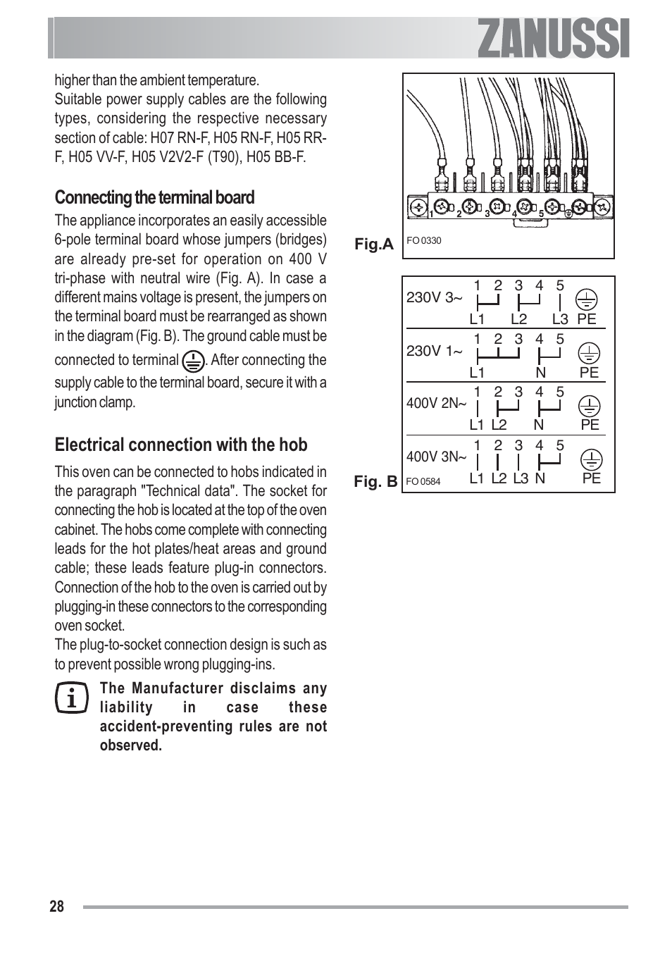 Connecting the terminal board, Electrical connection with the hob | Zanussi ZOU 481 User Manual | Page 28 / 32