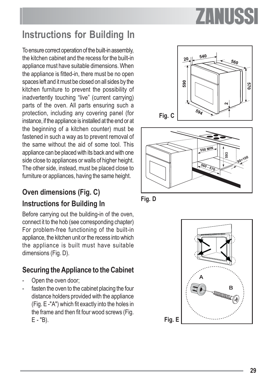 Instructions for building in, Securing the appliance to the cabinet | Zanussi ZOU 481 User Manual | Page 29 / 32