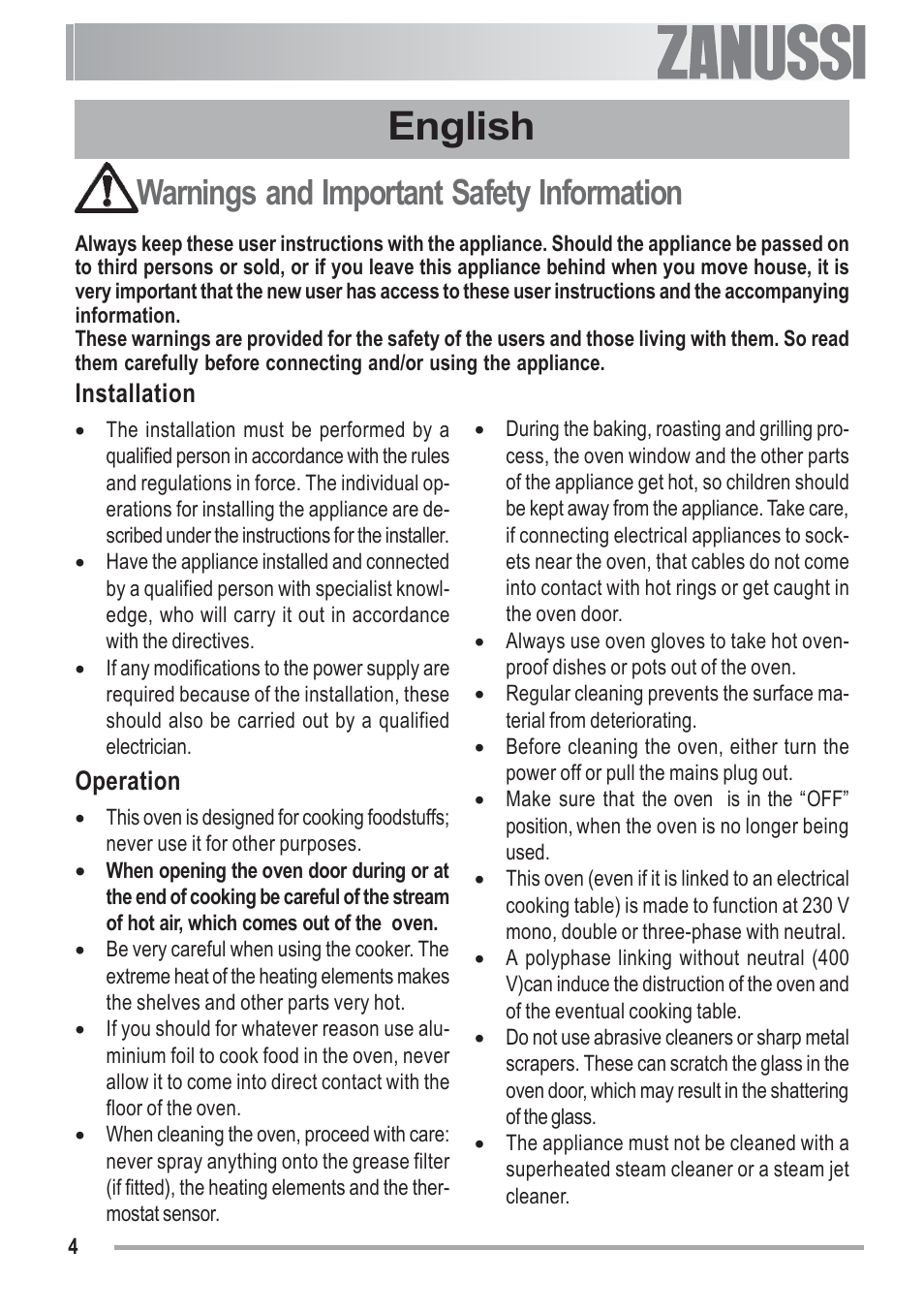 English, Warnings and important safety information, Installation | Operation | Zanussi ZOU 481 User Manual | Page 4 / 32