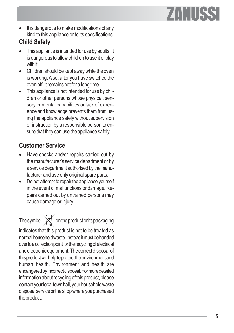 Child safety, Customer service | Zanussi ZOU 481 User Manual | Page 5 / 32