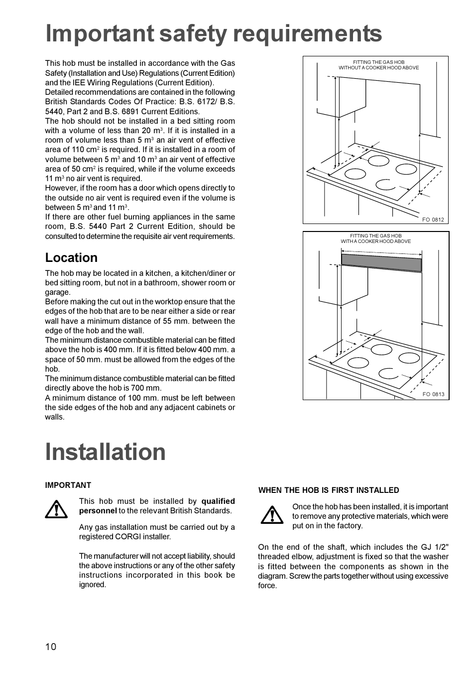 Important safety requirements, Installation, Location | Zanussi GAS HOB User Manual | Page 10 / 16