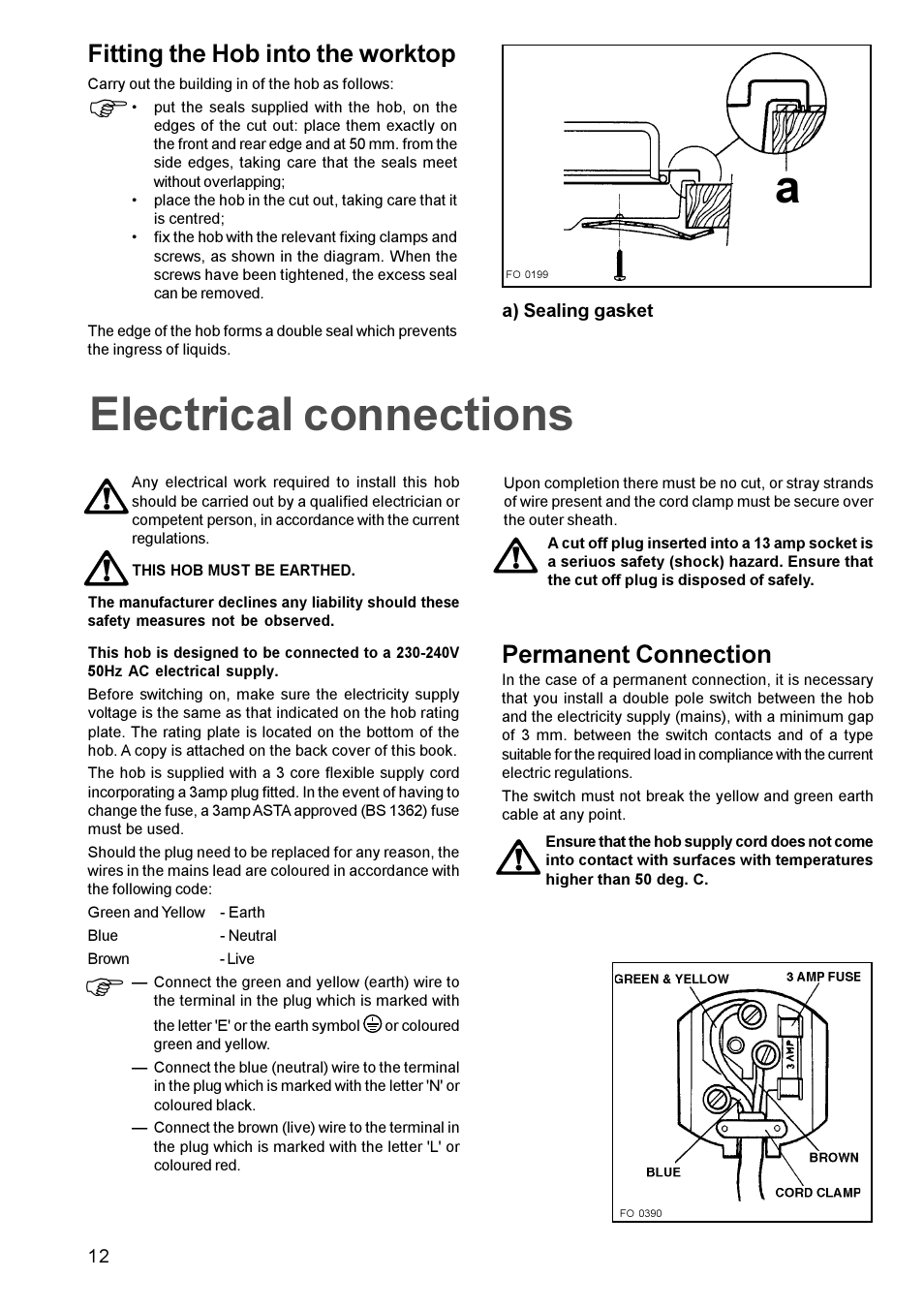 Felectrical connections, Permanent connection, Fitting the hob into the worktop | Zanussi GAS HOB User Manual | Page 12 / 16