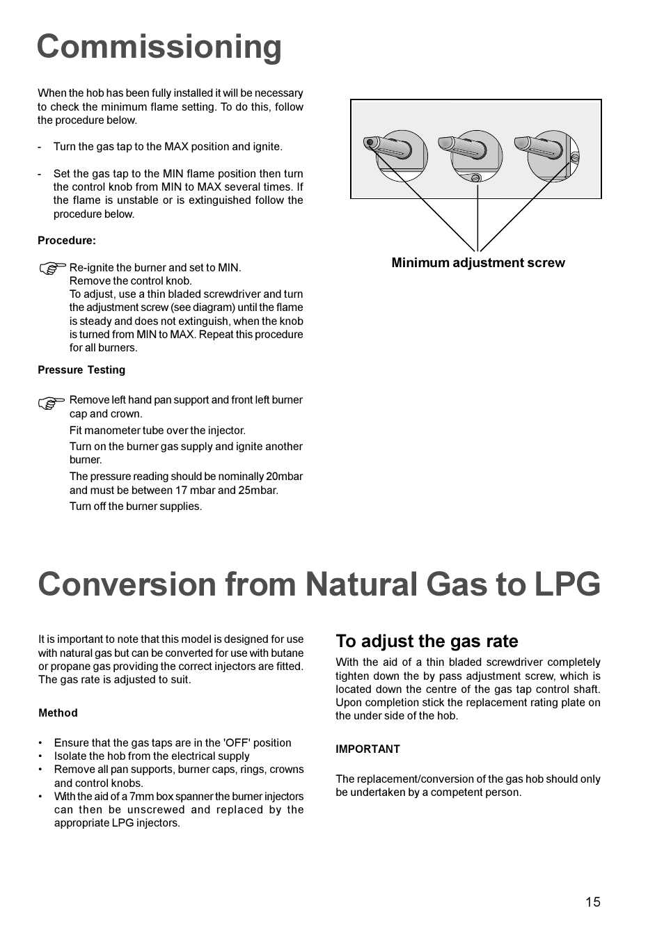 Commissioning, Fconversion from natural gas to lpg | Zanussi GAS HOB User Manual | Page 15 / 16