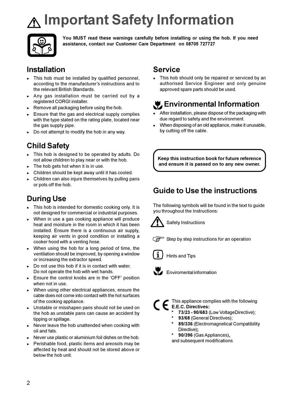 Fimportant safety information, Guide to use the instructions, Installation | Child safety, During use, Service, Environmental information | Zanussi GAS HOB User Manual | Page 2 / 16