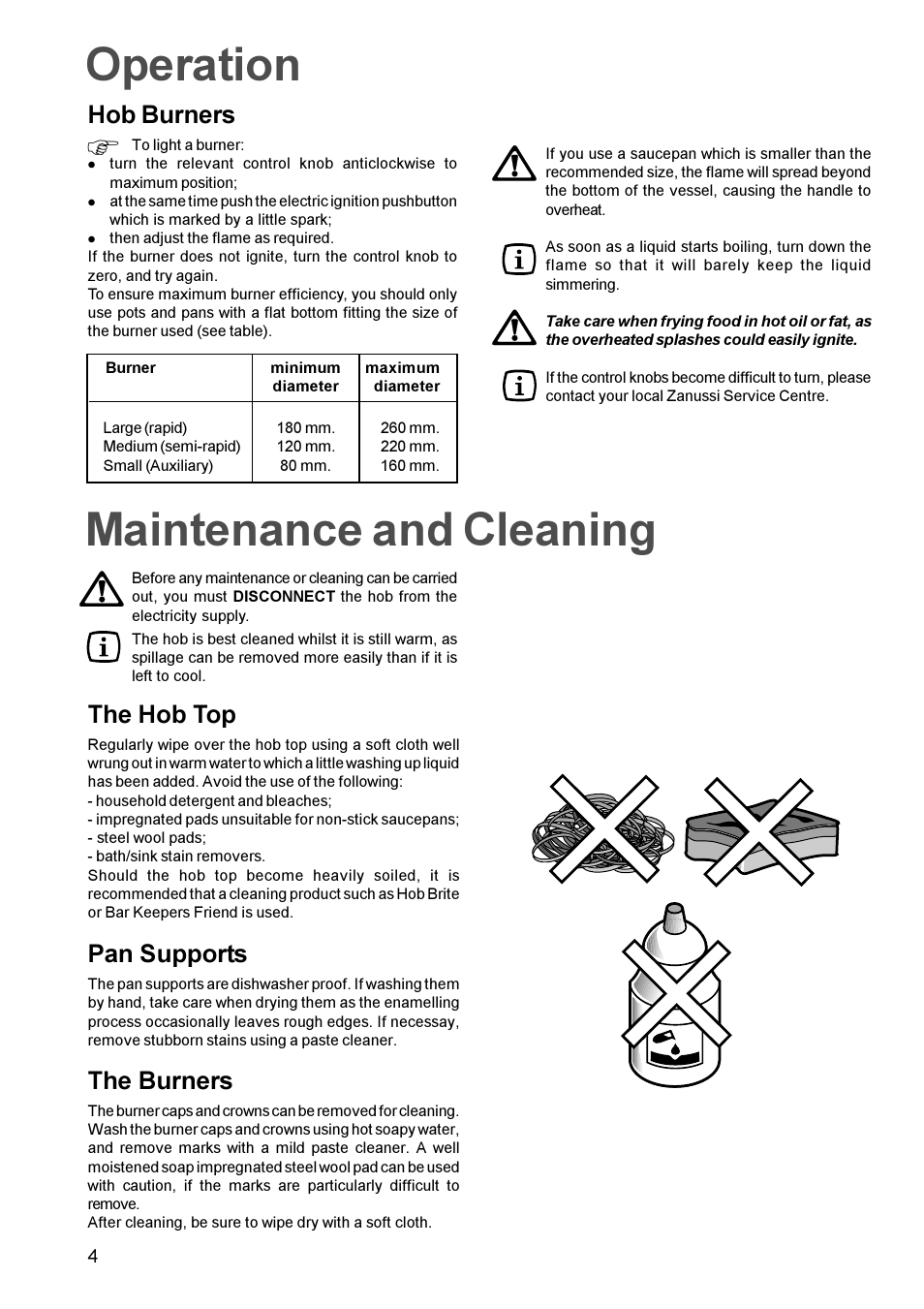 Operation, Maintenance and cleaning, Hob burners | The hob top, Pan supports, The burners | Zanussi GAS HOB User Manual | Page 4 / 16