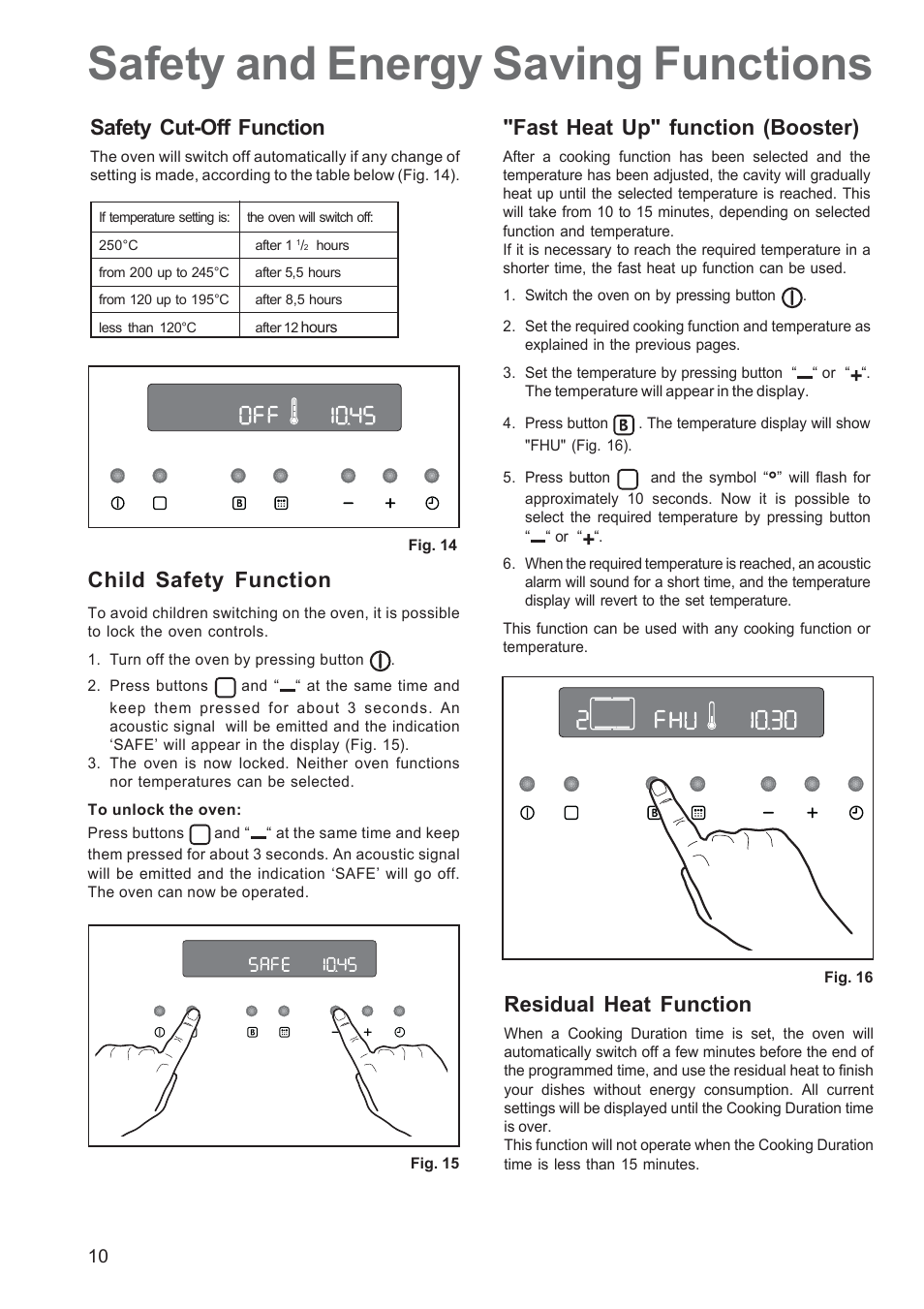 Safety and energy saving functions, Fast heat up" function (booster), Safety cut-off function | Child safety function, Residual heat function | Zanussi ZPB 1260 User Manual | Page 10 / 24